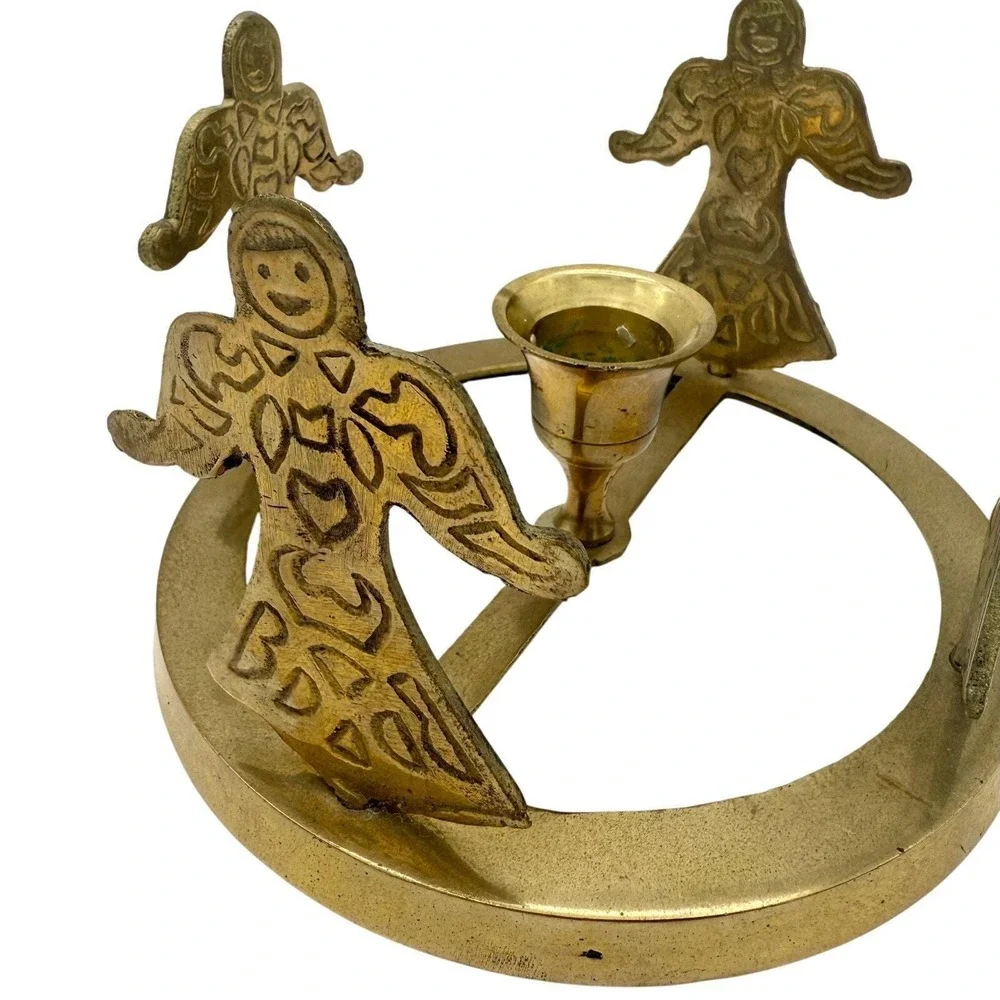 Vintage Solid Brass Angel Candle Holder 4 Angels Around Taper Holder 5.6